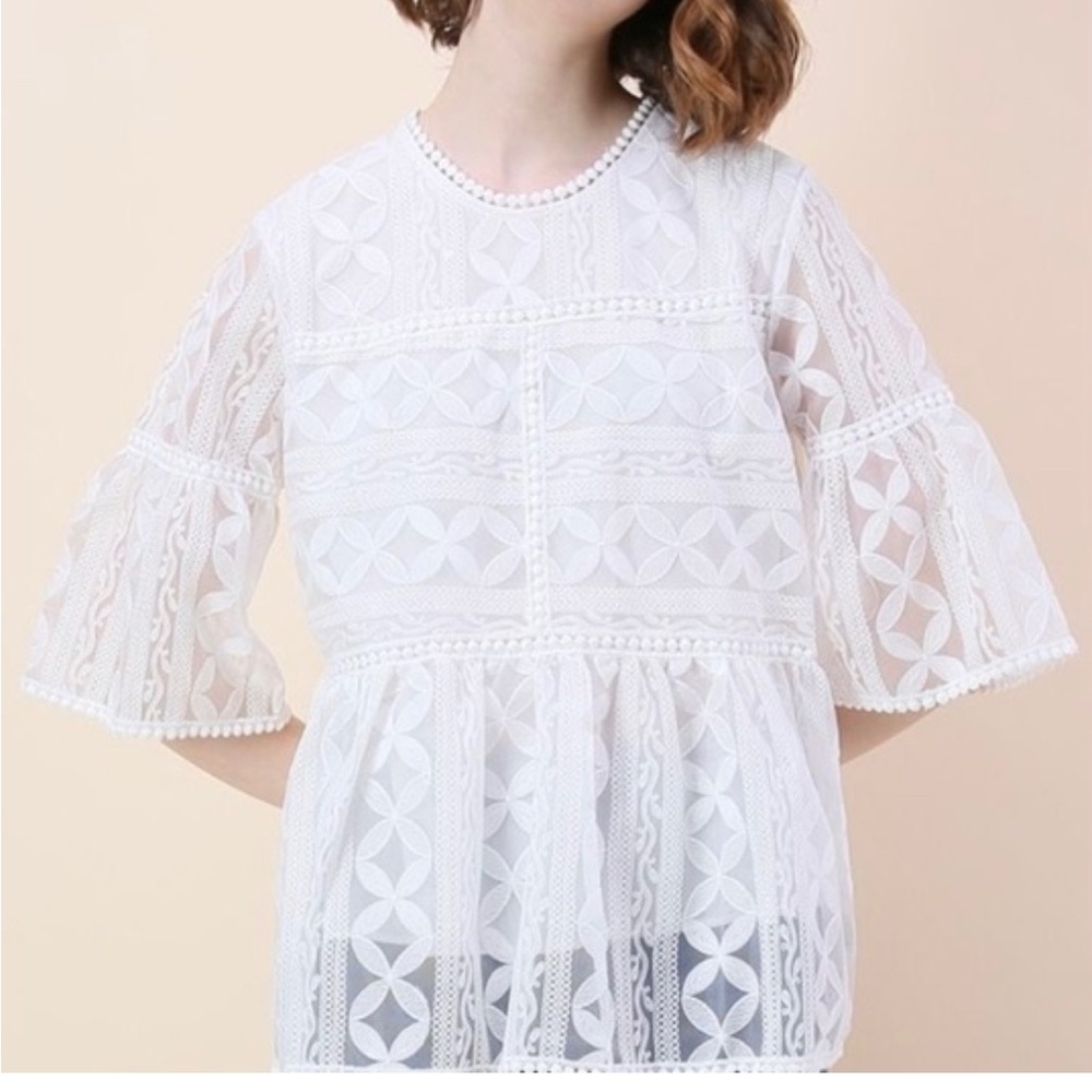 ✨Floral Embroidered Lace Organza Fairy Peplum Top | Bell Sleeves | S/M✨